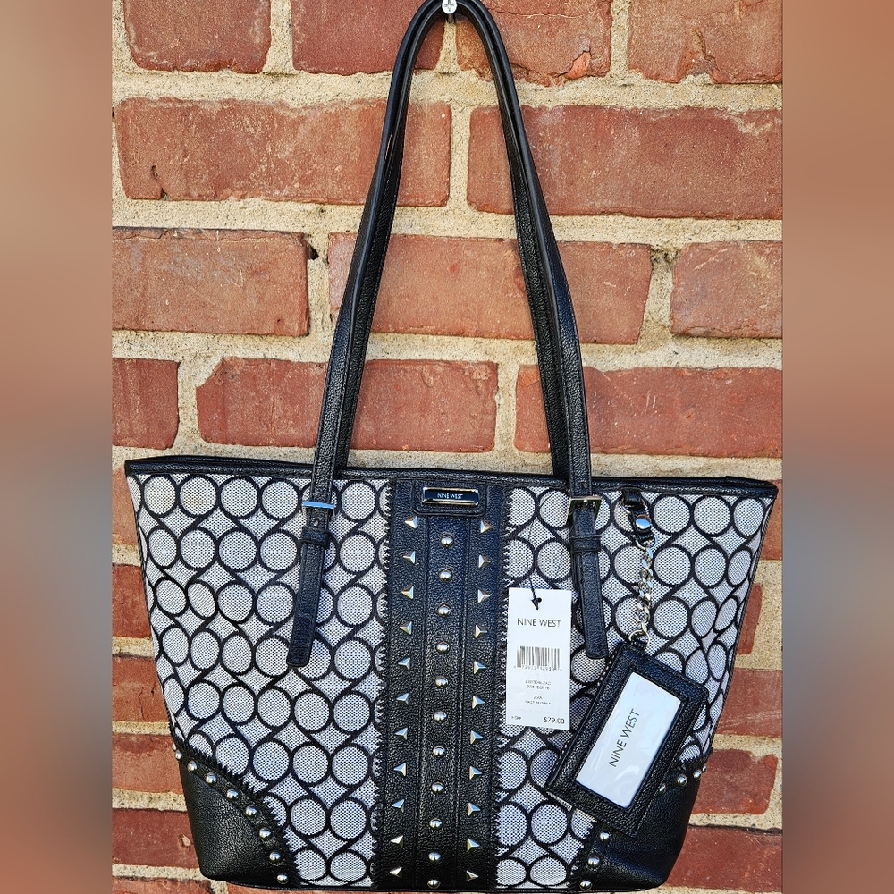 NWT* Nine West Purse, Black Double Strap Shoulder Bag. Studs Zip Pockets (Mb)
